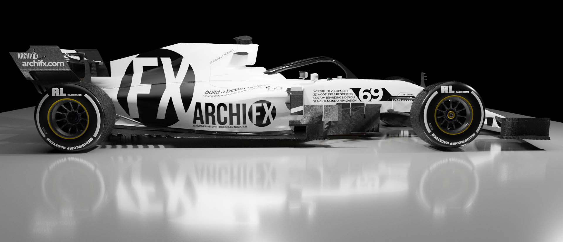Motorsport concept render with branded livery for sponsor-facing decks