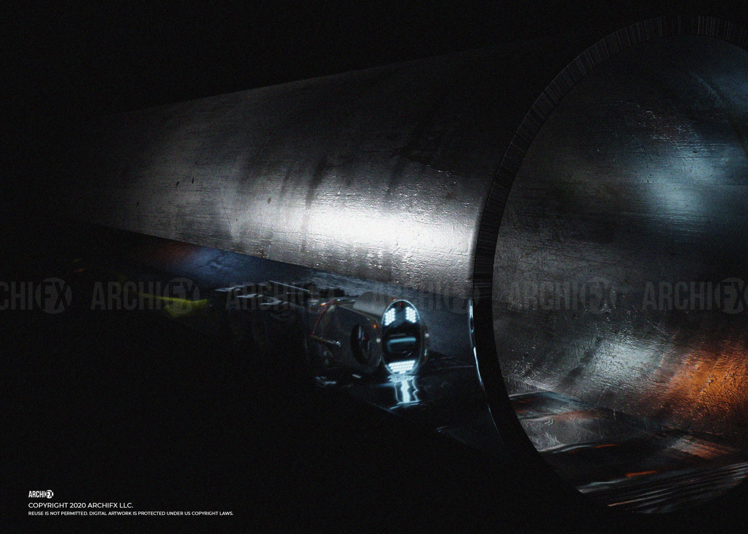 Robotic sewer crawler scene with underground lighting