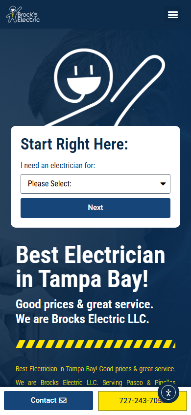 Live preview of the Brock's Electric public WordPress marketing site, mobile preview