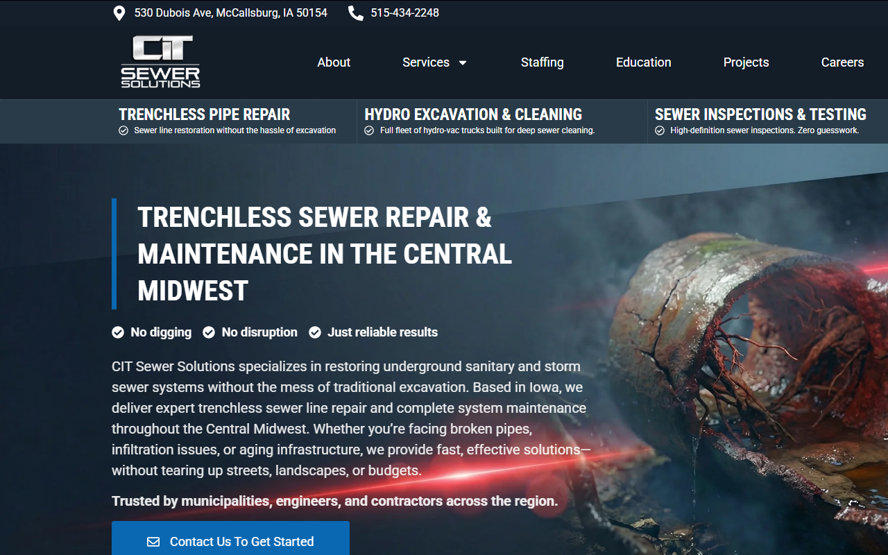 Live preview of the CIT Sewer Solutions public WordPress marketing site, desktop preview