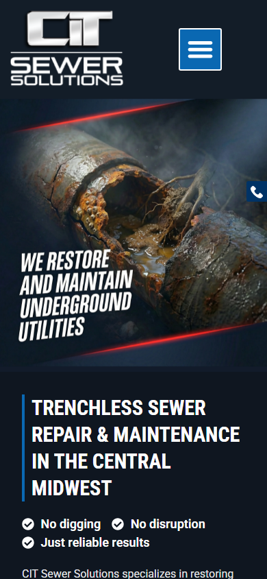 Live preview of the CIT Sewer Solutions public WordPress marketing site, mobile preview