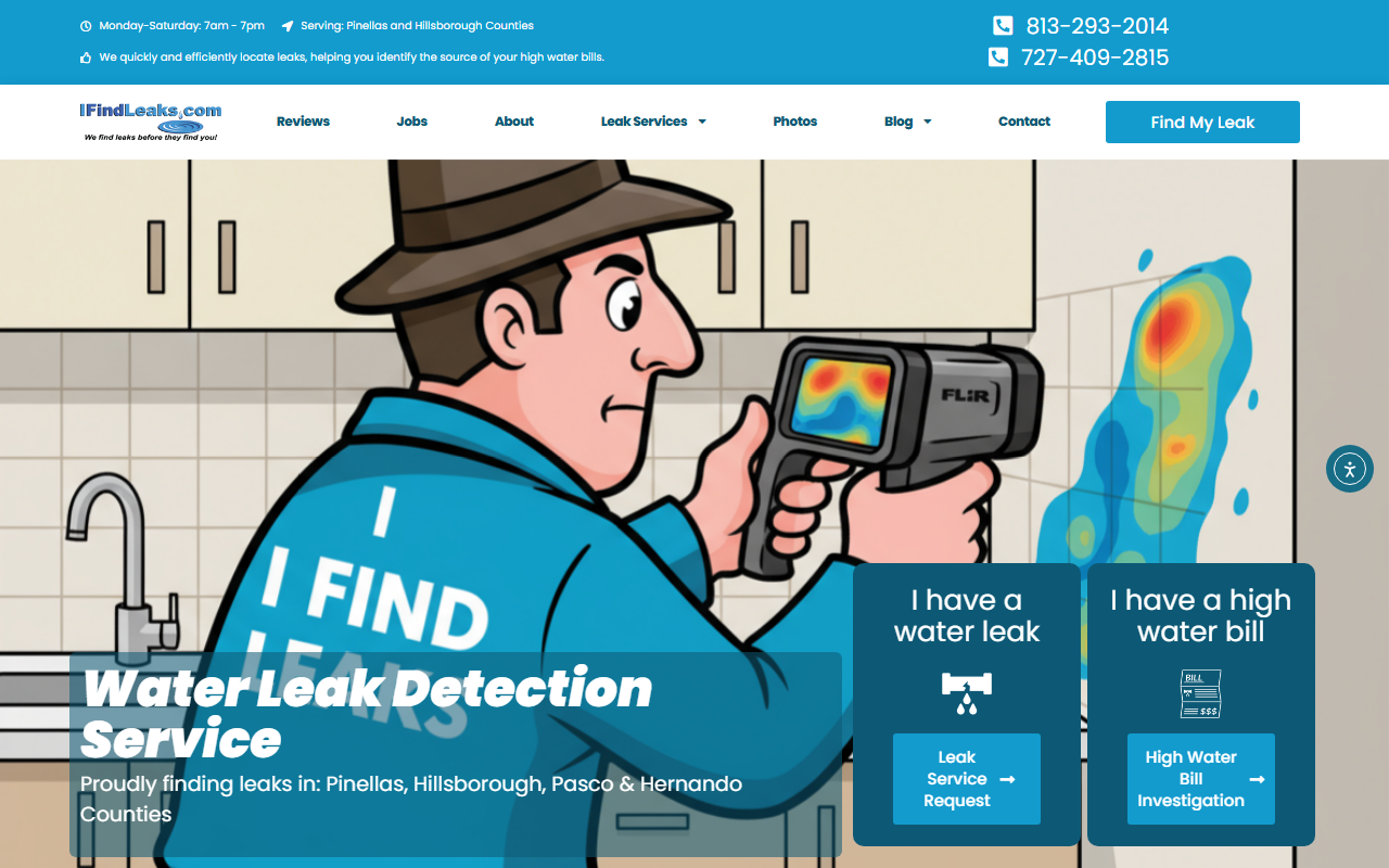 Live preview of the I Find Leaks public WordPress marketing site, desktop preview